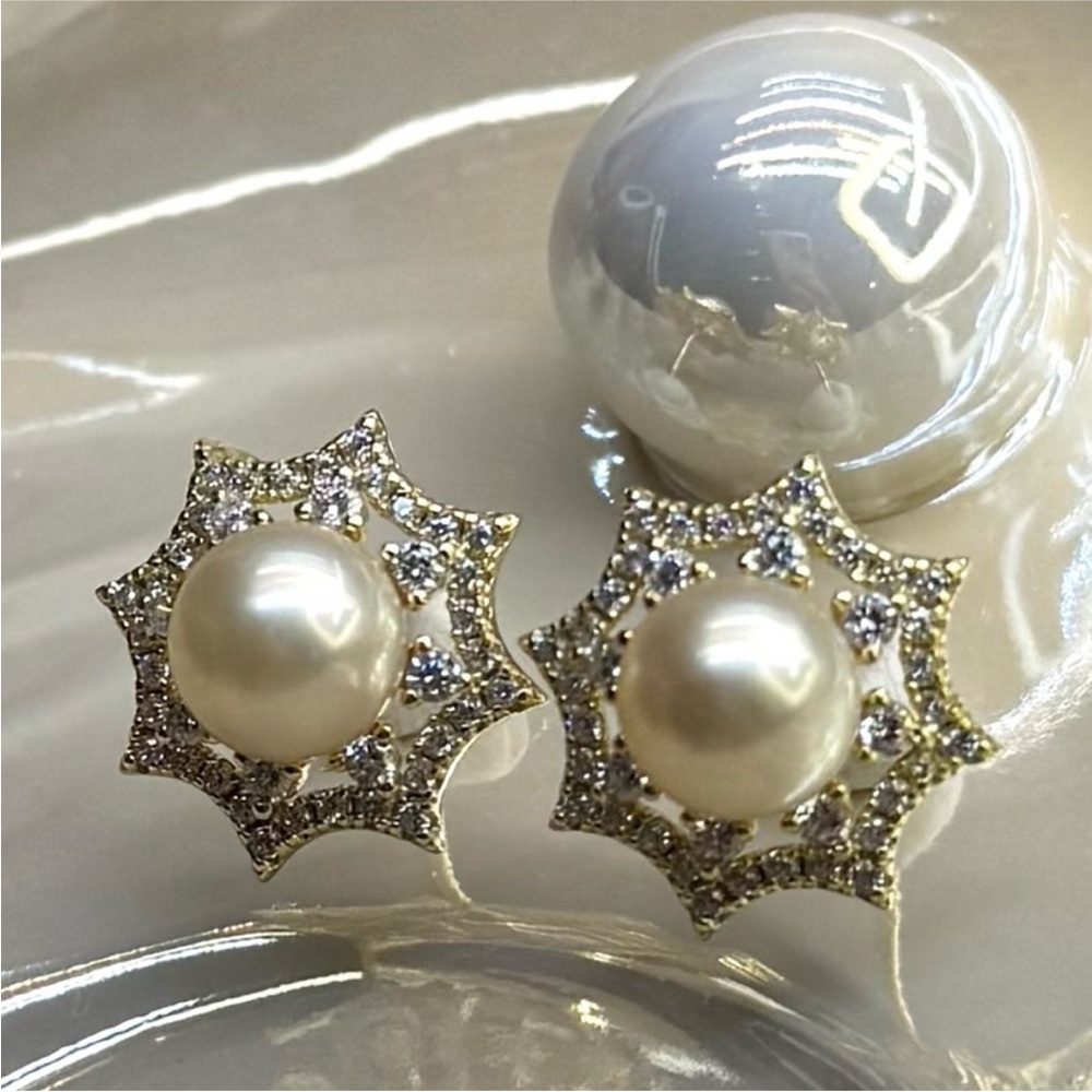 Premium 7mm Akoya Sea Pearl Earrings • Art Deco Web Design • 18K Gold over S925
